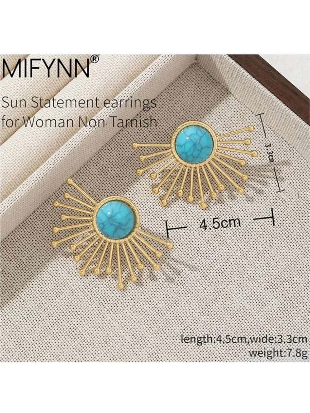 Anthropologie Gold color Sunburst Earrings with Turquoise Center